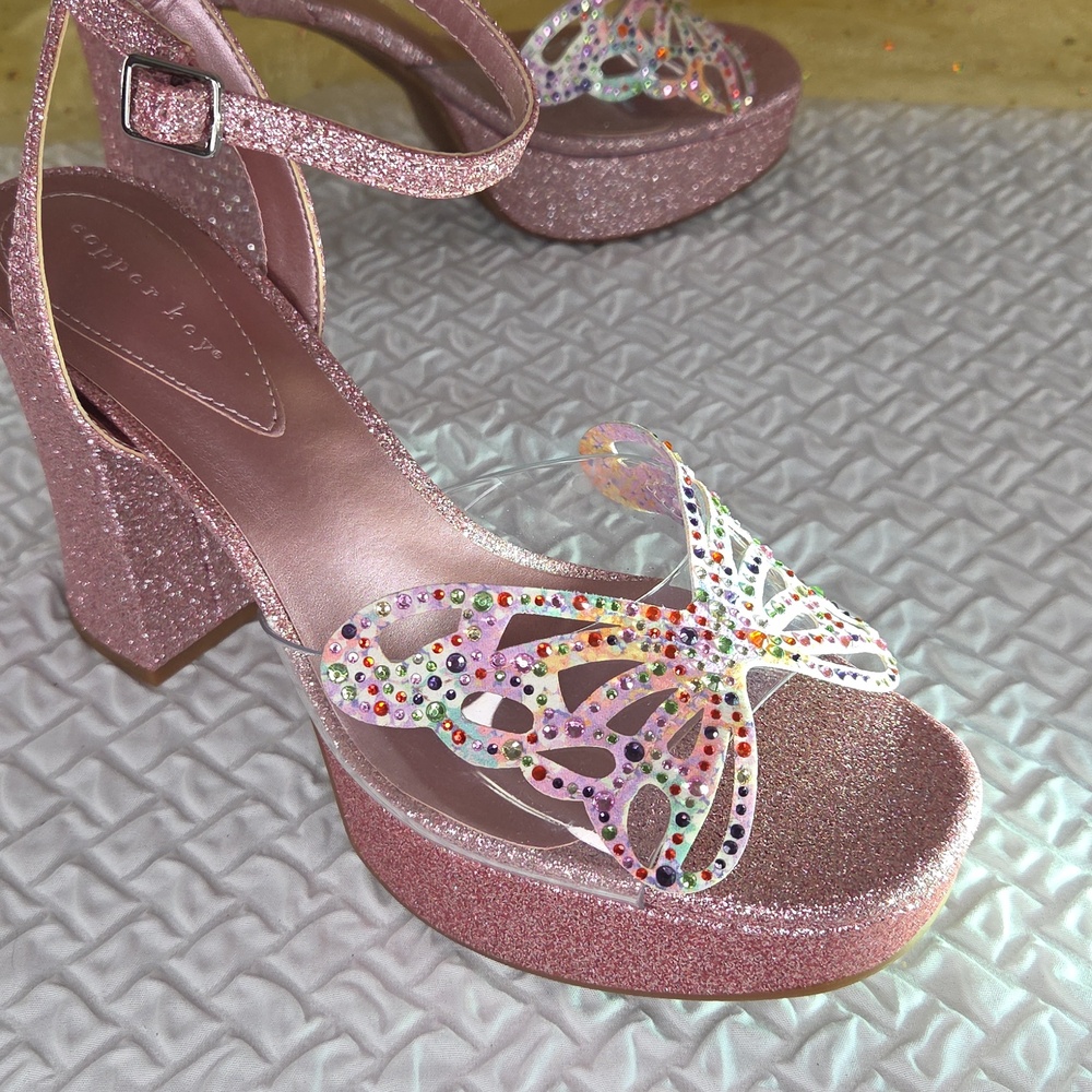 COPPER KEY 8M Pink Glitter Platform Heels with Butterfly  RHINESTONE Accent